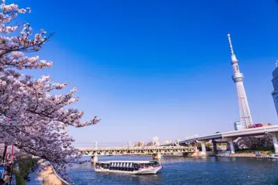 a boat on the river with the eiffel tower in the background at *301 Oshiage sta 3mins walk! Wi-Fi Elevator in Tokyo