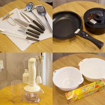 a collage of pictures of utensils and a pan on a table at EDIFICE SHIBUYA301 in Tokyo