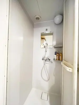 a shower in a white bathroom with a sink at Hananosato Hotel \u6c60\u888b\u672c\u5e97 in Tokyo