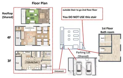 a floor plan and a floor plan of a building at Meee Asakusa3F4F \u6d45\u8349\u5f92\u6b693\u5206 140\u5e73\u7c73Max22\u540d \u7121\u6599\u99d0\u8eca\u5834 \u5c4b\u4e0a\u7d76\u666f \u6e0b\u8c37\u76f4\u901a in Tokyo