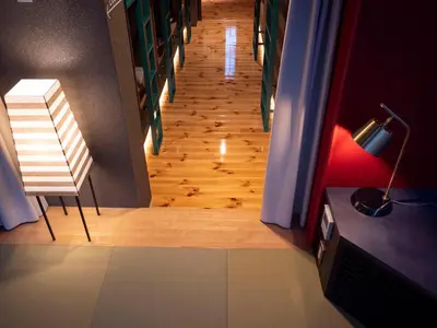 a hallway with a staircase with a chair and a lamp at ELE Cabin Shinjuku Kabukicho in Tokyo