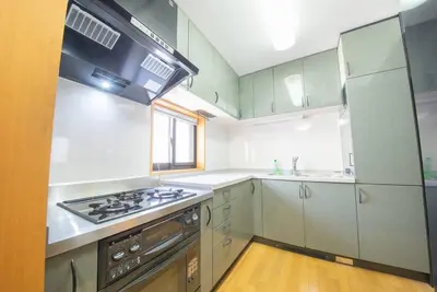 a kitchen with green cabinets and a stove top oven at la3 hotel \u65b0\u5bbf\u4e09\u968e\u5efa\u3066\u4e00\u8ed2\u5bb6\uff08\u5c4b\u5185\u30a8\u30ec\u30d9\u30fc\u30bf\u30fc\u4ed8\u304d) in Tokyo