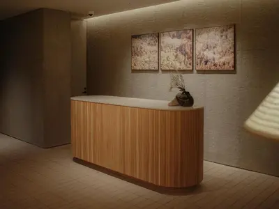 a room with a counter in the middle of a room at TRUNK(HOTEL) YOYOGI PARK in Tokyo