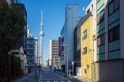 a city street with a view of the television tower at 1F Facing Skdytree 6min stn Direct NRT&HND&Disney in Tokyo
