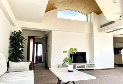 a living room with a white couch and a tv at \u6c60\u888b\u4e09\u99c5\u306e\u5bb6 \u5927\u5c71\u99c5\u304b\u3089\u5f92\u6b694\u5206 in Tokyo