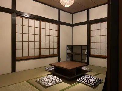 a room with a table and some windows at 1970's Japanese style dorm house in Tokyo