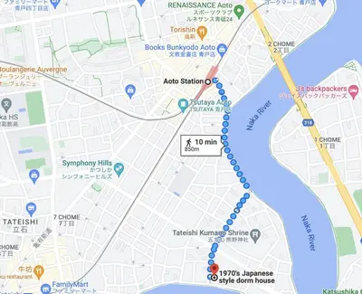 a map of the river thames with blue dots at 1970's Japanese style dorm house in Tokyo