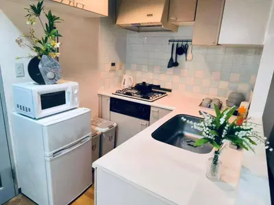 a kitchen with a sink and a microwave at shibuya center -Max 5p-\u5bb6\u5ead\u516c\u5bd3-\u8f66\u7ad97\u5206-\u76f4\u8fbe\u65b0\u5bbf\u6d89\u8c37\u516d\u672c\u6728\u94f6\u5ea7 in Tokyo