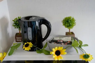 a black appliance sitting on top of a shelf with flowers at Kameari 1108 Budget Stay High Floor Near Station Mall Disney Access in Tokyo