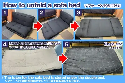 a tutorial on how to convert a bed into a sofa bed at Kameari 1108 Budget Stay High Floor Near Station Mall Disney Access in Tokyo