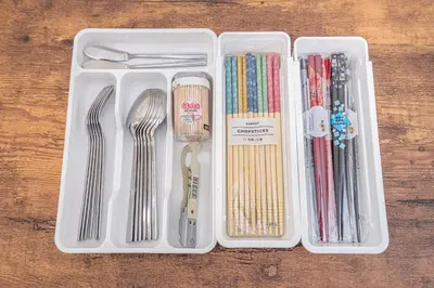 a plastic container filled with utensils and chopsticks at NEW OPEN! Nearest JR Shinokubo and JR soubu line HIgashinakano, shinjuku 5 minute ginza 25 minute asakusa 35 minute in Tokyo