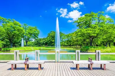 two benches on a boardwalk in front of a fountain at NEW_OPEN\u65b0\u5bbf\u30a8\u30ea\u30a2\u30fb\u5bb6\u65cf\u3084\u30b0\u30eb\u30fc\u30d7\u6700\u9069\u30fb\u5e0c\u5c11\u72ec\u7acbTOWNHOUSE\u3000 in Tokyo