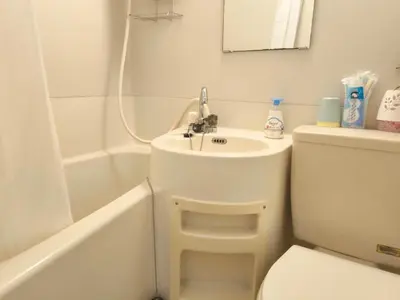 a white bathroom with a sink and a toilet at DP House in Tokyo