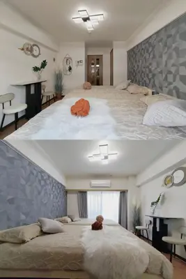 a bedroom with a large bed and a room with at K Shinjuku area-MAX 4p-\u65b0\u5bbf\u4e2d\u5fc3\u5730\u57df-\u6b65\u884c\u53ef\u5230\u65b0\u5bbf\u5927\u4e45\u4fdd\u6b4c\u821e\u4f0e\u753a-\u53ef\u4f4f4\u4eba in Tokyo