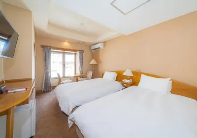 a hotel room with two beds and a television at Saka no Hotel Tretio Ochanomizu in Tokyo