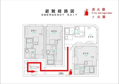 a floor plan of an emergency exit at Okubo Shinjuku new open Capsule hotel in Tokyo