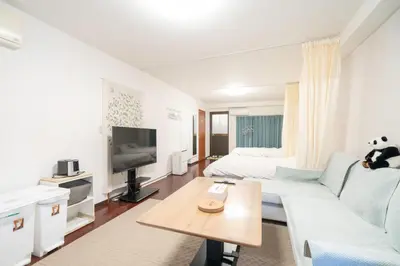 a living room with a couch and a tv at Ikebukuro East Exit Queen Bed Room, 2F in Tokyo