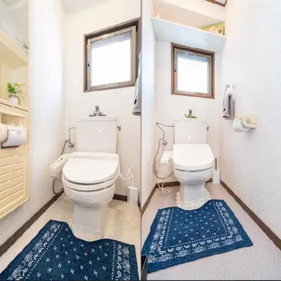 a bathroom with a toilet and blue rugs at \u53f0\u6771\u533a\u5e83\u3005\u5439\u304d\u629c\u3051\u30ea\u30d3\u30f3\u30b0\u306e\u30e1\u30be\u30cd\u30c3\u30c8\u30bf\u30a4\u30d7\u306e\u304a\u5bb6 in Tokyo