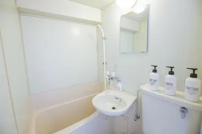 a bathroom with a sink and a toilet and a mirror at walk to Higahsi Shinjuku sta. SYW in Tokyo