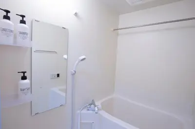 a white bathroom with a shower and a mirror at walk to Higahsi Shinjuku sta. SIoQ-2 in Tokyo