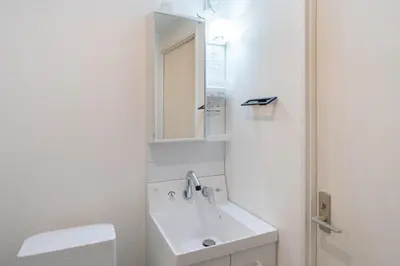 a white bathroom with a sink and a mirror at Kisetsu\u5927\u68eeII in Tokyo