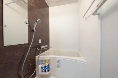 a bathroom with a shower with a sink at Trym\u62bc\u4e0a in Tokyo