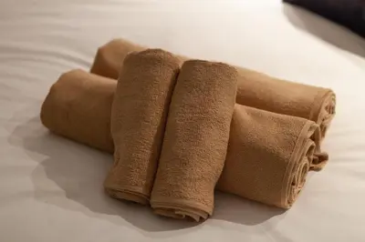 two brown towels sitting on top of a table at \u5317\u65b0\u5bbf1-11-10 in Tokyo