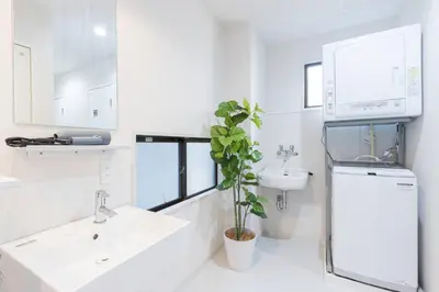 a white bathroom with a sink and a plant at Pufuka Hikifune \u3077\u3075\u304b\u66f3\u821f in Tokyo