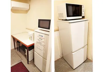 two pictures of a room with a microwave on top of a refrigerator at Hananogo Ikebukuro - Vacation STAY 16098v in Tokyo