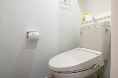 a white bathroom with a toilet and a roll of toilet paper at Livion III in Tokyo