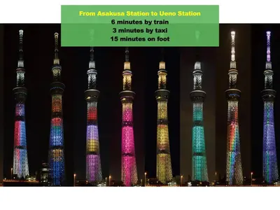 a group of tall towers lit up at night at 浅草寺3分 浅草駅6分 2寝室+リビング2-6人 スカイツリービュー 駅近 成田空港&羽田空港直通 in Tokyo