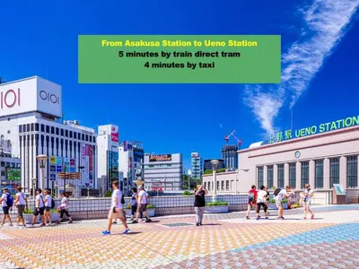 a group of people walking down a city street at 浅草寺3分 浅草駅6分 2寝室+リビング2-6人 スカイツリービュー 駅近 成田空港&羽田空港直通 in Tokyo