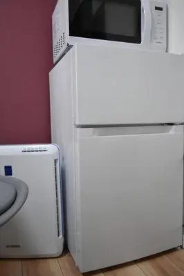 a microwave oven sitting on top of a refrigerator at \u6771\u99d2\u5f62103 in Tokyo