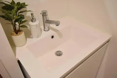 a white bathroom sink with a plant on it at \u6771\u99d2\u5f62202 in Tokyo
