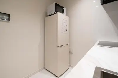 a white refrigerator with a microwave on top of it at Bonheur Akasaka in Tokyo
