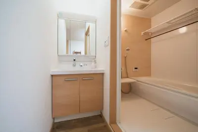 a bathroom with a sink and a toilet and a mirror at Hidden Valley in Tokyo