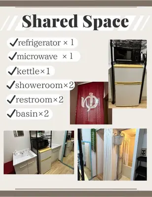 a collage of pictures of a room with a shared space at Backpackers' asakusa share house 
