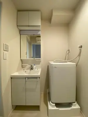 a white bathroom with a sink and a mirror at EveryNet Shinjuku by Tranova in Tokyo