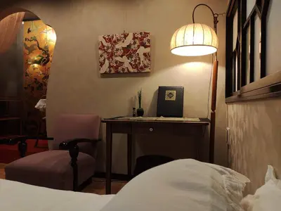 a bedroom with a desk and a bed and a lamp at \u6728\u9999Mokkoh Modern Japanese style room by train15 minutes to Tokyo Station in Tokyo