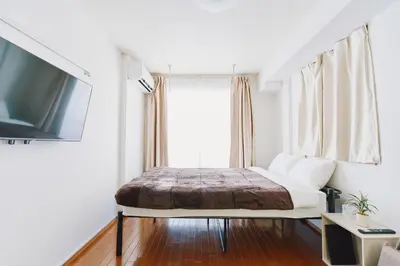 a bedroom with a bed and a tv at Evergreen Apartment Hotel in Tokyo