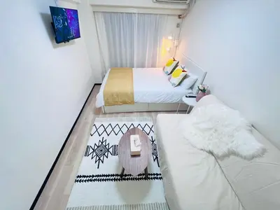 a small bedroom with two beds and a tv at Kabukicho 203-SJ0015 in Tokyo