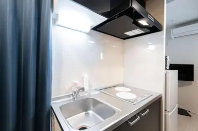 a bathroom with a sink and a shower curtain at Ferio\u84b2\u7530II in Tokyo