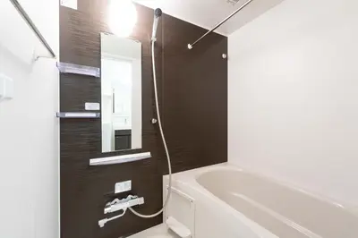 a bathroom with a tub and a sink and a mirror at Livecasa\u4e21\u56fd I in Tokyo