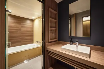 a bathroom with a sink and a tub and a mirror at ALFIT HOTEL & BAR AKASAKA in Tokyo