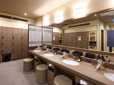 a bathroom with four sinks and a large mirror at Onyado Nono Asakusa Annex - Natural Hot Spring in Tokyo