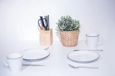 a table with three plates and a potted plant at walk to Higahsi Shinjuku sta. EEY in Tokyo