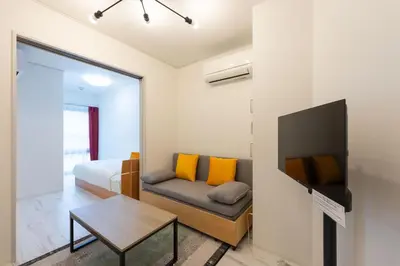 a living room with a couch and a tv in a room at \u30bf\u30b9\u30adsmart\u6771\u65b0\u5bbf in Tokyo