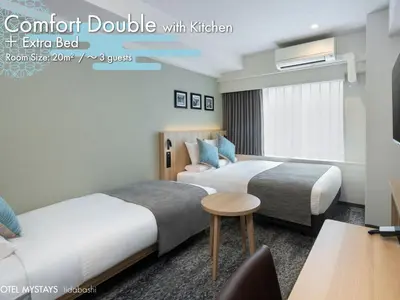 a hotel room with two beds and a table at HOTEL MYSTAYS Iidabashi in Tokyo