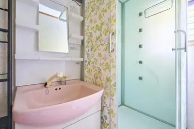a bathroom with a pink sink and a shower at 9min to kitasenju sation 6min to shopping street quiet area in Tokyo