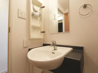 a bathroom with a white sink and a mirror at Duo Scala Shinjuku \u6771\u65b0\u5bbf in Tokyo